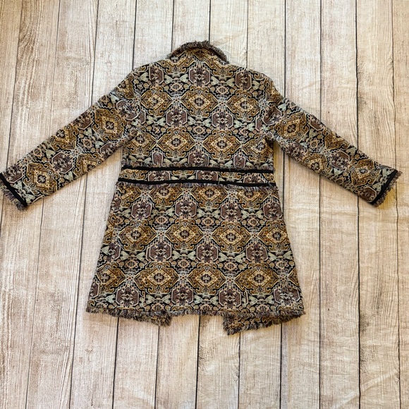 Chico’s Tapestry Jacquard Topper Coat Size 8/10 Fringe-Trim Baroque Brown Tan - Picture 10 of 15
